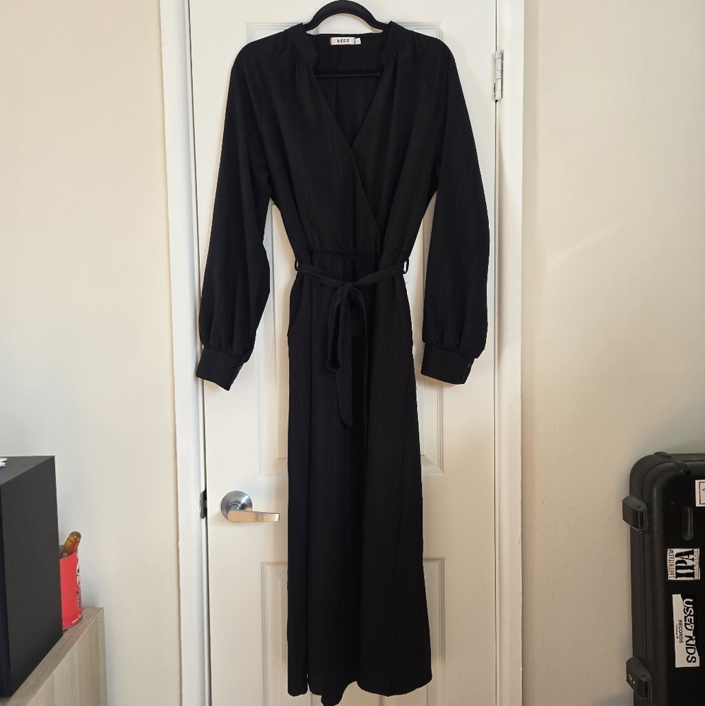 🖤 NEED Black Faux Wrap Maxi Dress Cinched Waist Pockets Size Large - Picture 4 of 17